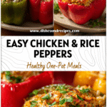 Colorful red and green bell peppers stuffed with chicken and rice on a serving plate.